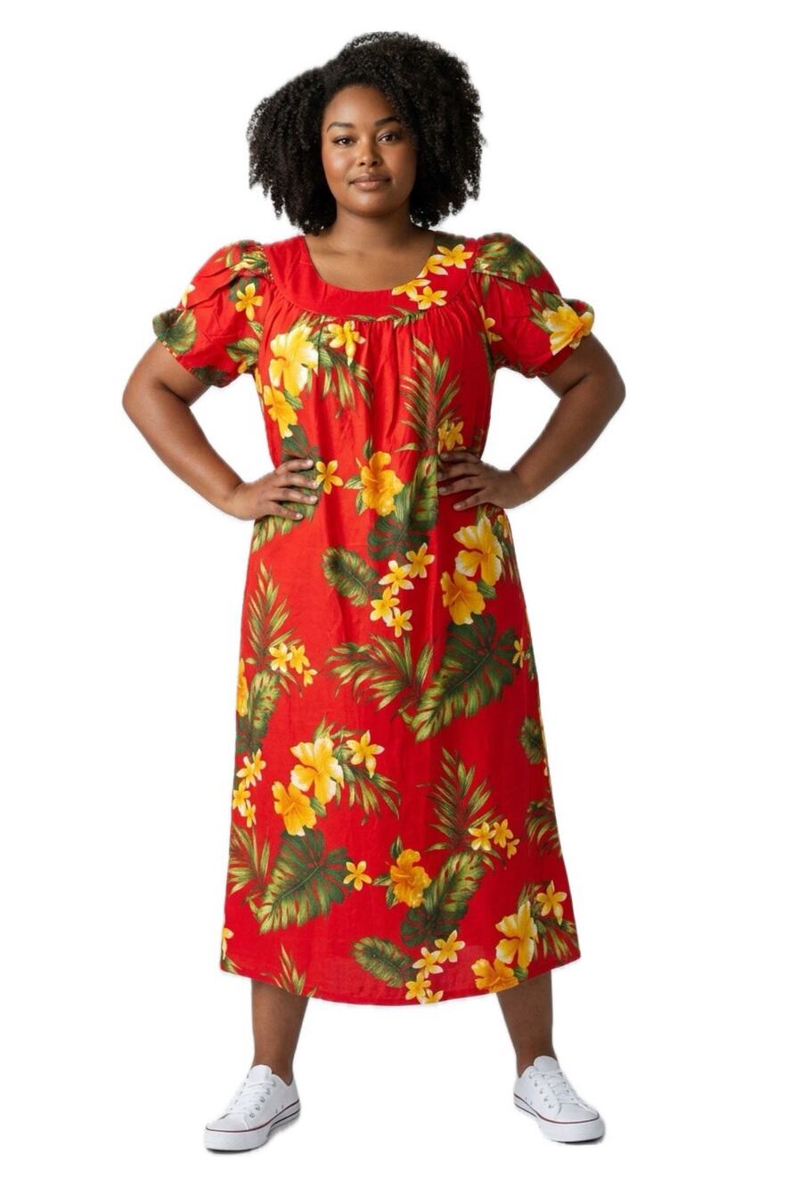 Vintage Hawaiian Puanani Red Tropical Muumuu Dress Large Cottagecore -